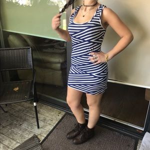 Blue and white striped design mini dress